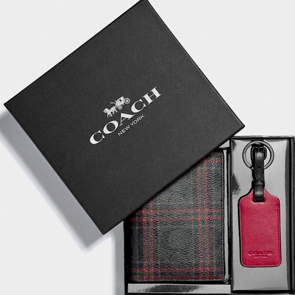 Coach Newly Boxed Plaid Passport Case & Tag Travel Set